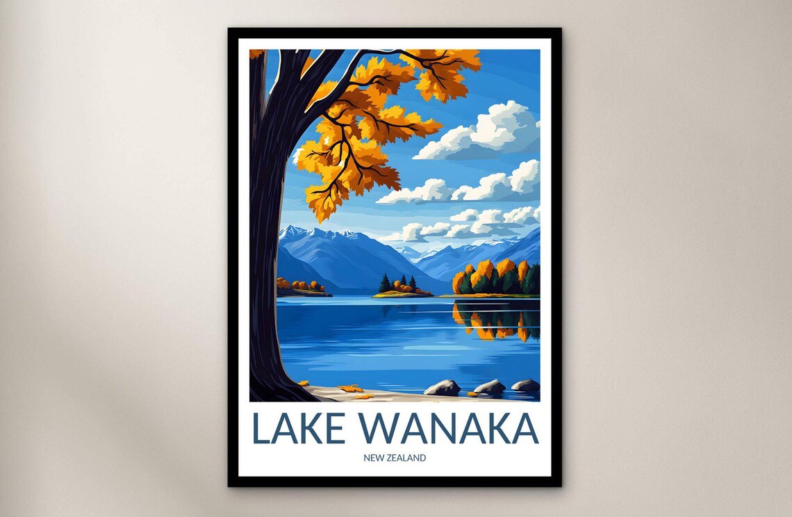 Lake Wanaka New Zealand Autumn Lake Mountains Vintage Travel Poster