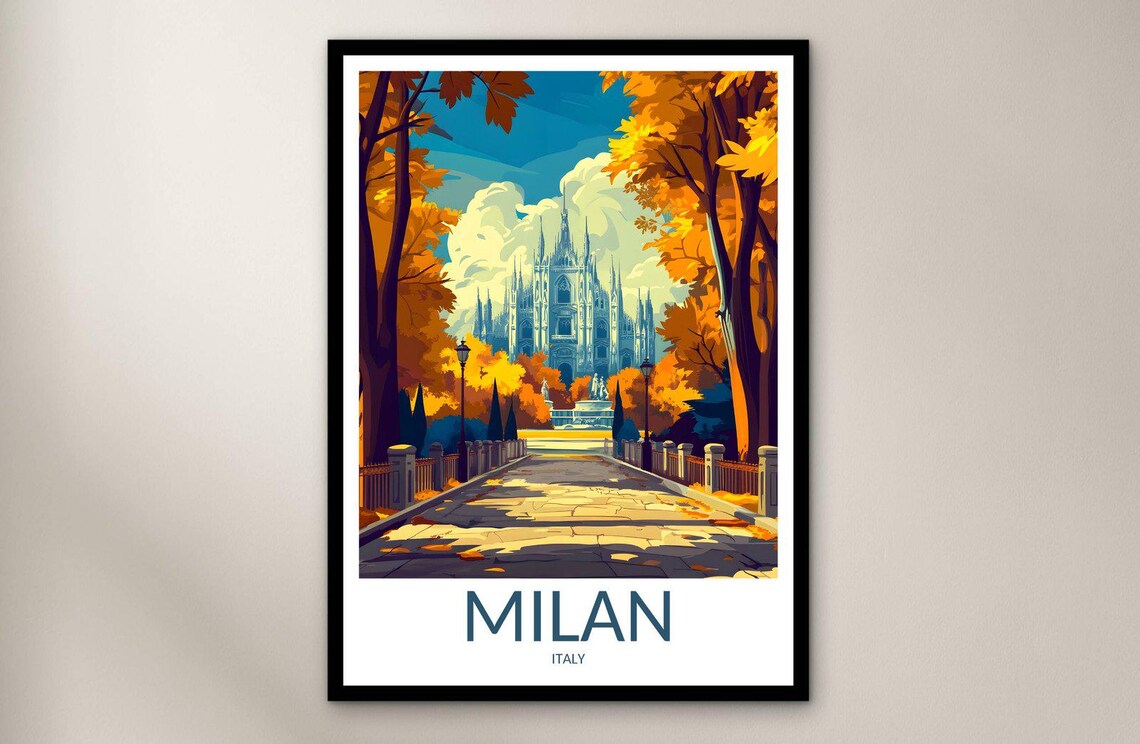 Milan Italy Duomo Cathedral Autumn Travel Poster With Park View