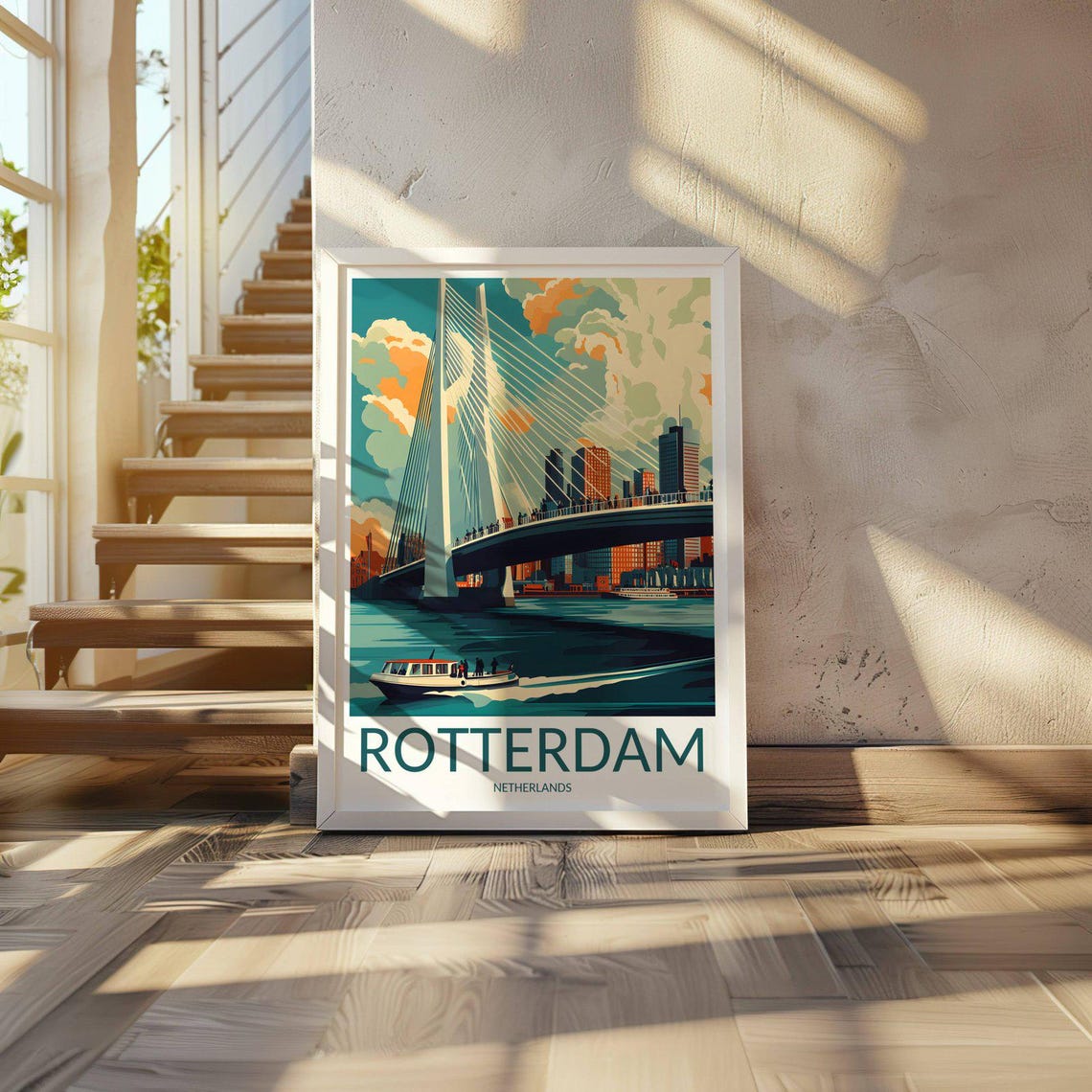 Rotterdam Netherlands Erasmus Bridge River Skyline Travel Poster - Image 3