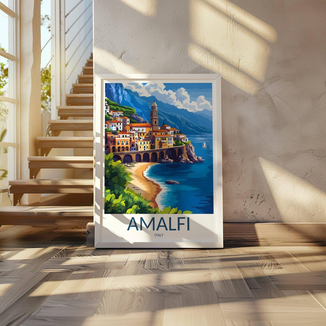 Amalfi Italy Coastal Town Golden Beach Mountains Travel Poster