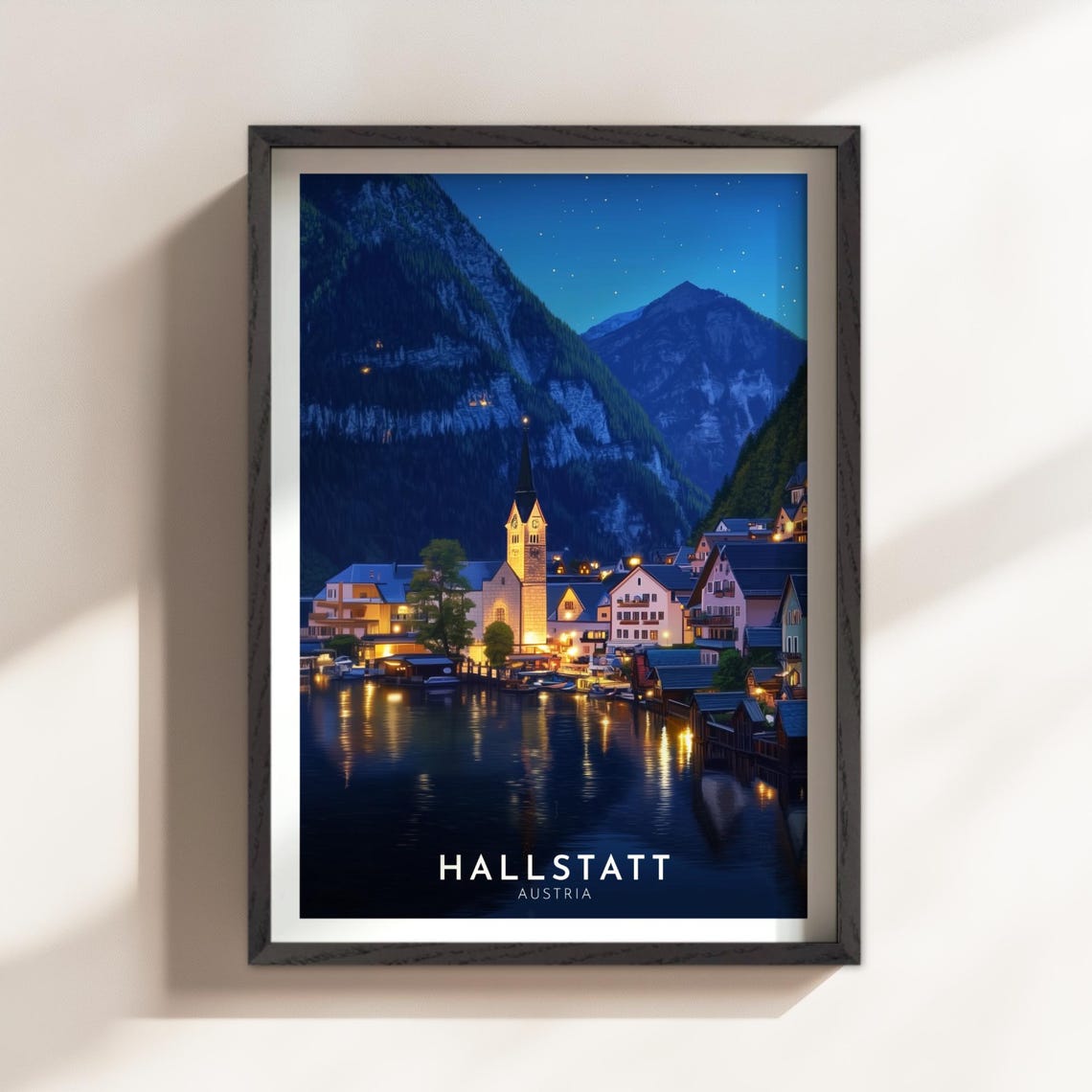 Hallstatt Austria Night Lakeside Village Lights Mountain Travel Poster