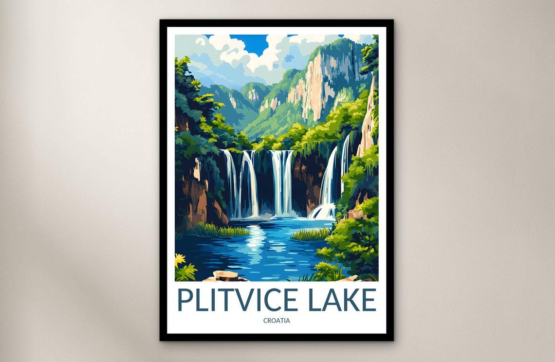 Plitvice Lake Croatia Waterfall Forest Scenic Vintage Travel Poster