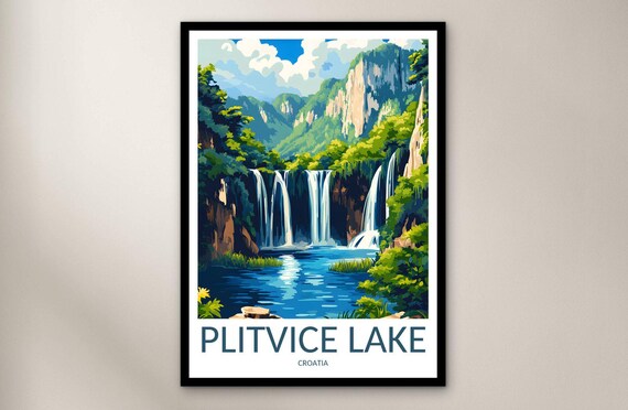 Plitvice Lake Croatia Waterfall Forest Scenic Vintage Travel Poster