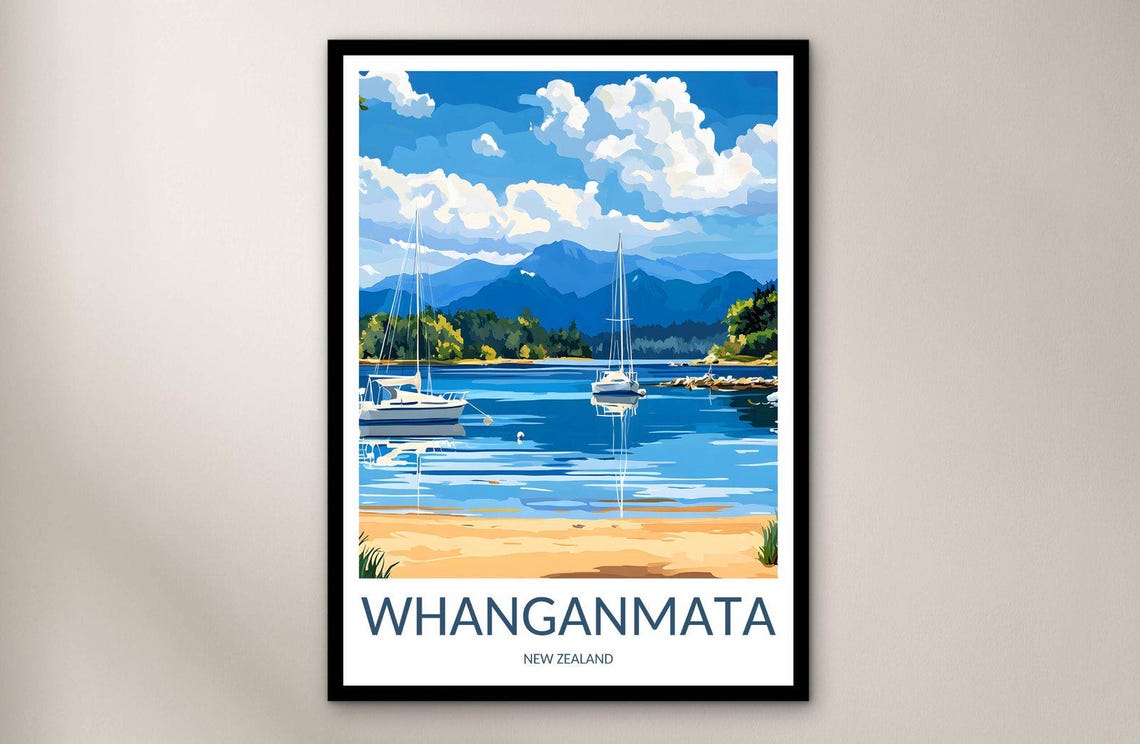 Whanganmata New Zealand Anchored Sailboat Bay Vintage Travel Poster