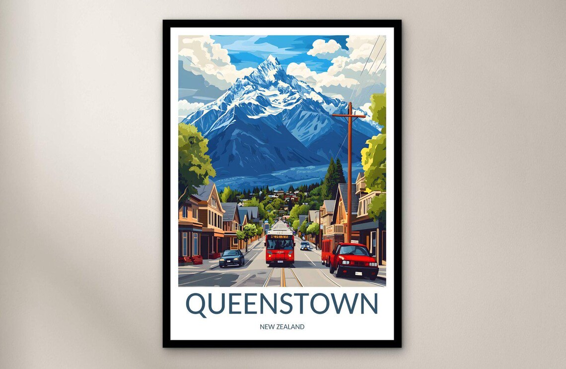 Queenstown New Zealand Alpine Town Mountain Street Travel Poster
