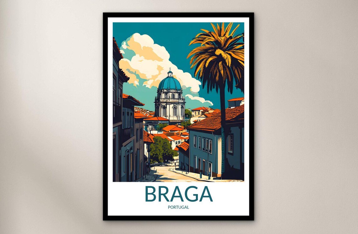 Braga Old Street Domed Church Palm Tree Vintage Travel Poster