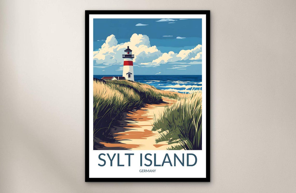 Sylt Island Germany Lighthouse Dunes Beach Path Vintage Travel Poster