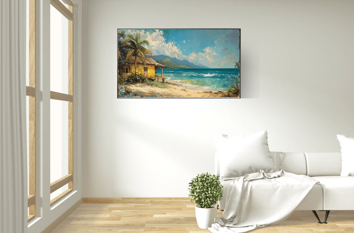 Tropical Beach Hut Palm Oil Painting Coastal Landscape Wall Art - Image 3