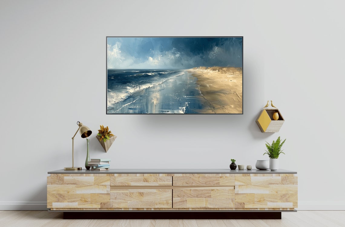 Moody Blue Ocean Beach Scene Painting Art Print with Stormy Sky - Image 3