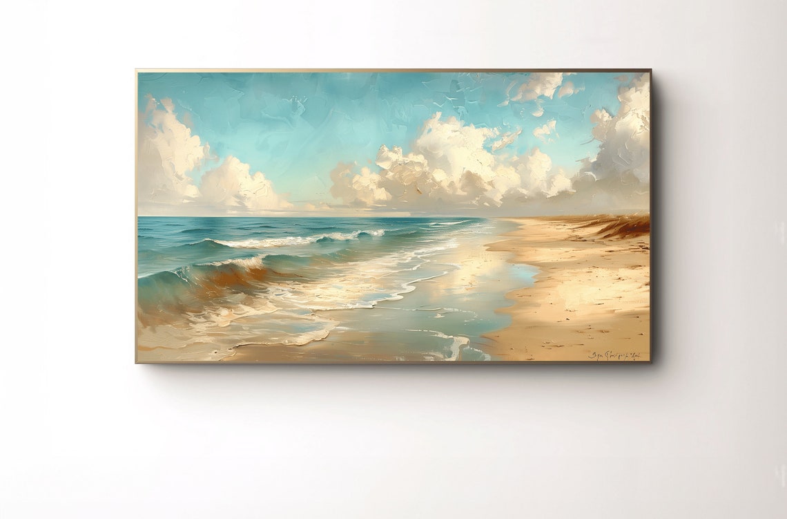 Serene Coastal Beach Ocean Waves Painting Print for Modern Home