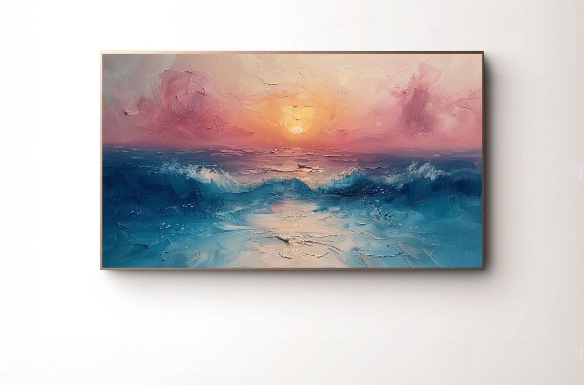 Abstract Ocean Sunset Waves Painting Print in Pink and Deep Teal