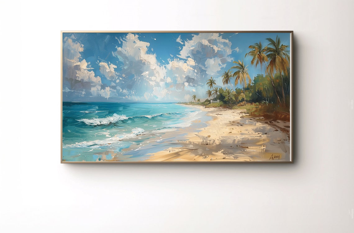 Tropical Palm Tree Beach Paradise Painting Print Turquoise Ocean