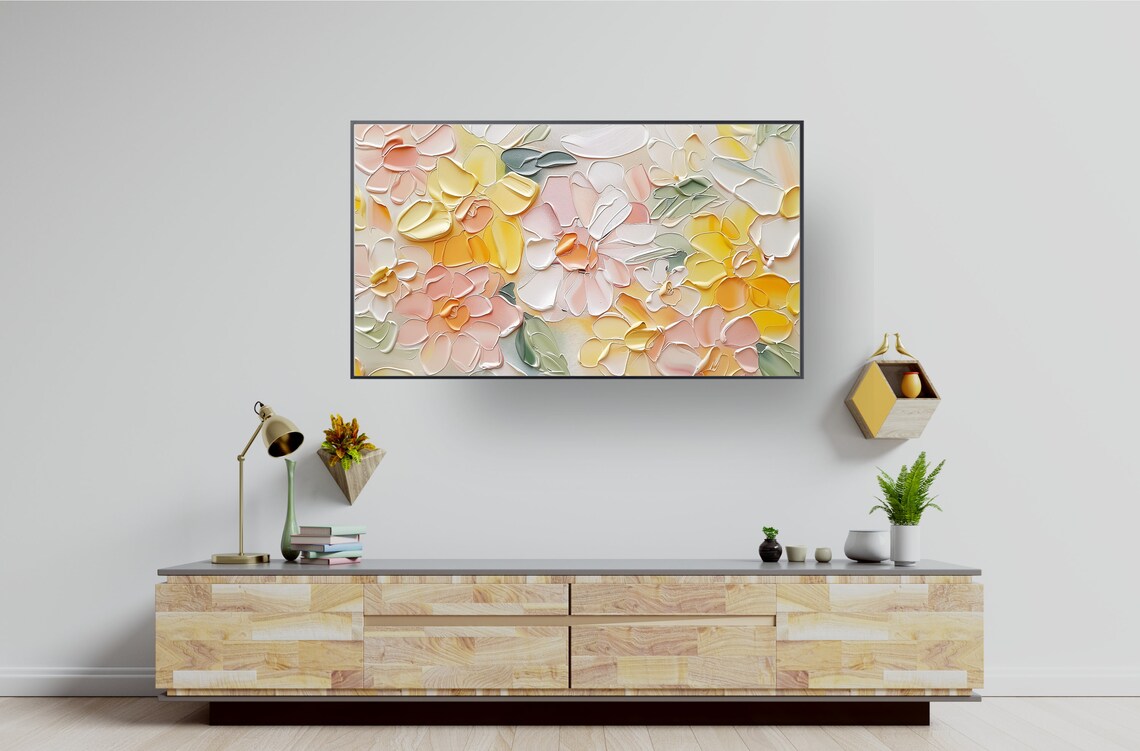 Pastel Floral Impasto Painting Print with Pink and Yellow Blooms - Image 3