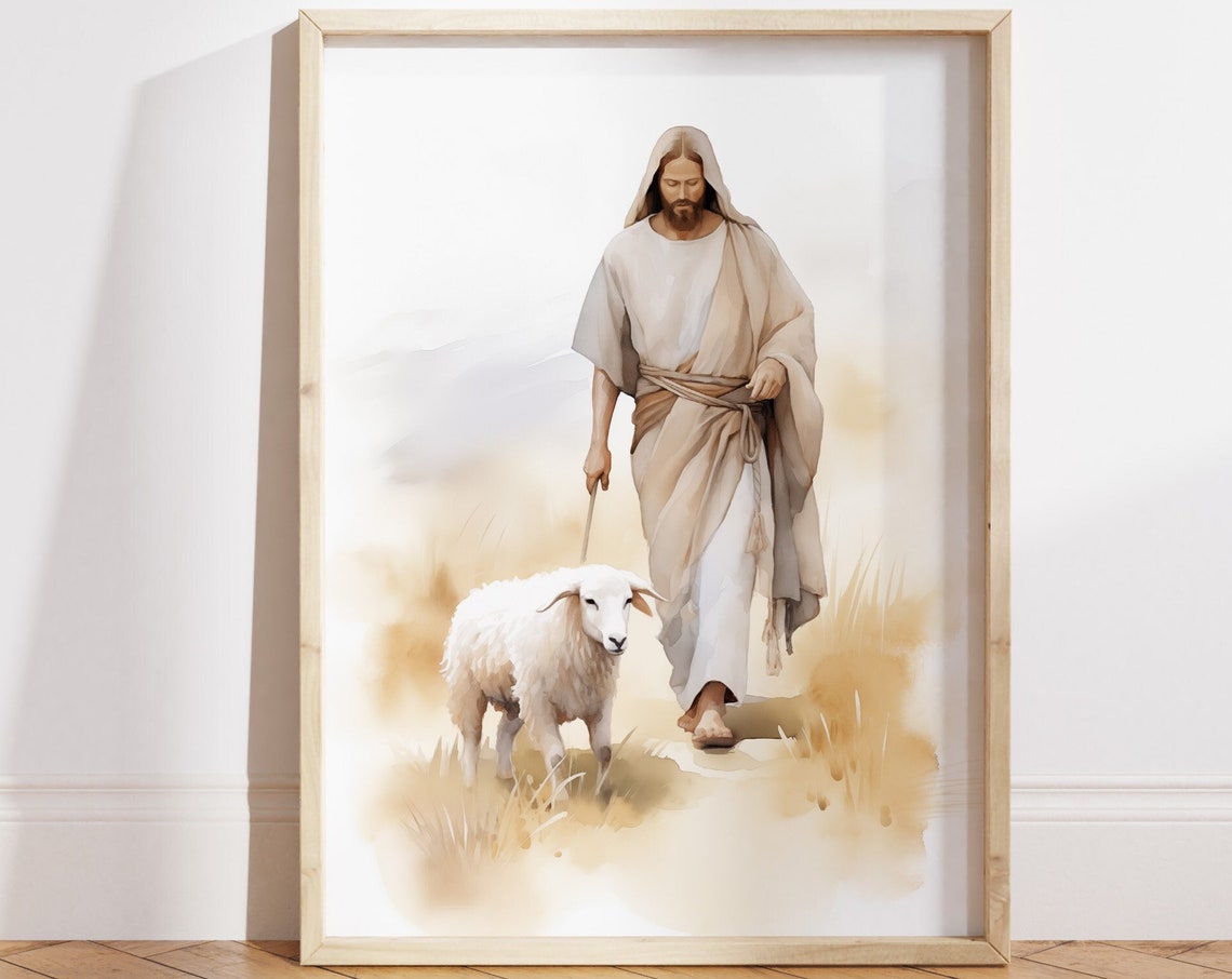 Jesus Christ Walking with Sheep Watercolor Good Shepherd Poster