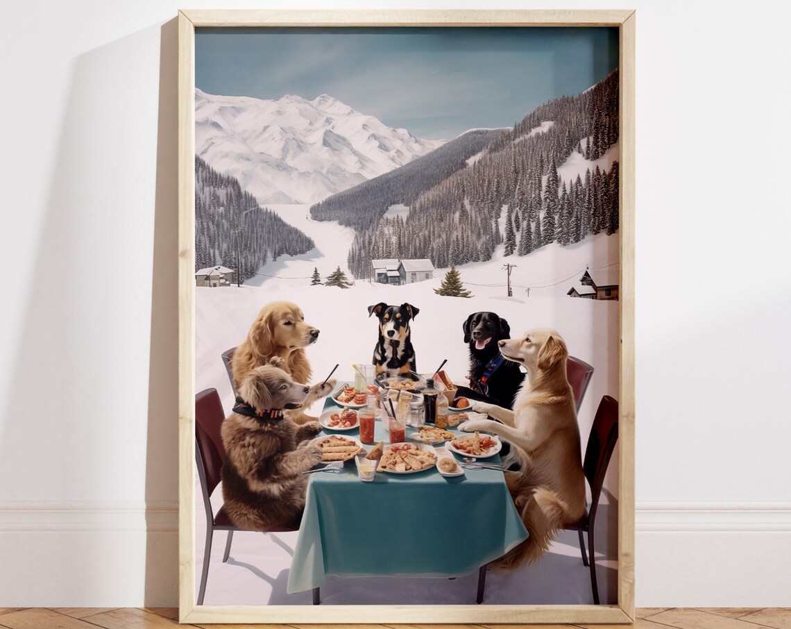 Dogs In A Ski Resort Funny Animal Art Print