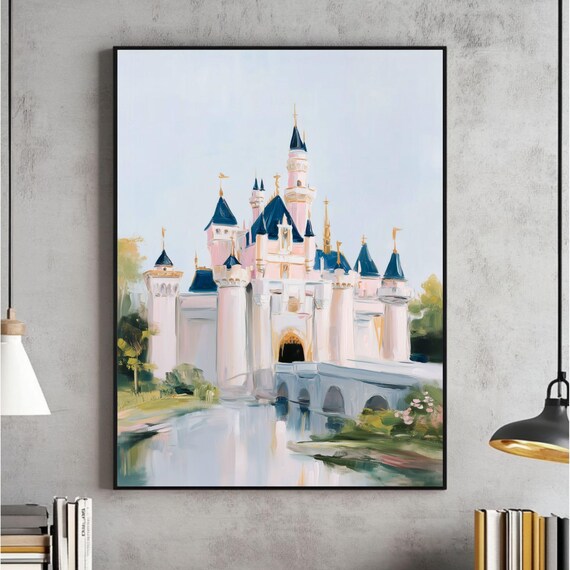 Soft Pastel Magic Castle Wall Art Girly Kingdom Print Bright Girls Room Princess Painting Pink Blue Nursery Poster