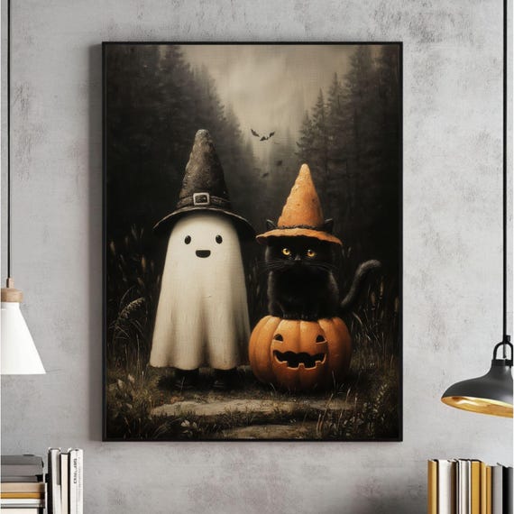 Cute And Black Cat In Dark Forest Wall Art Vintage Halloween Prints Academia Room Decor Instant