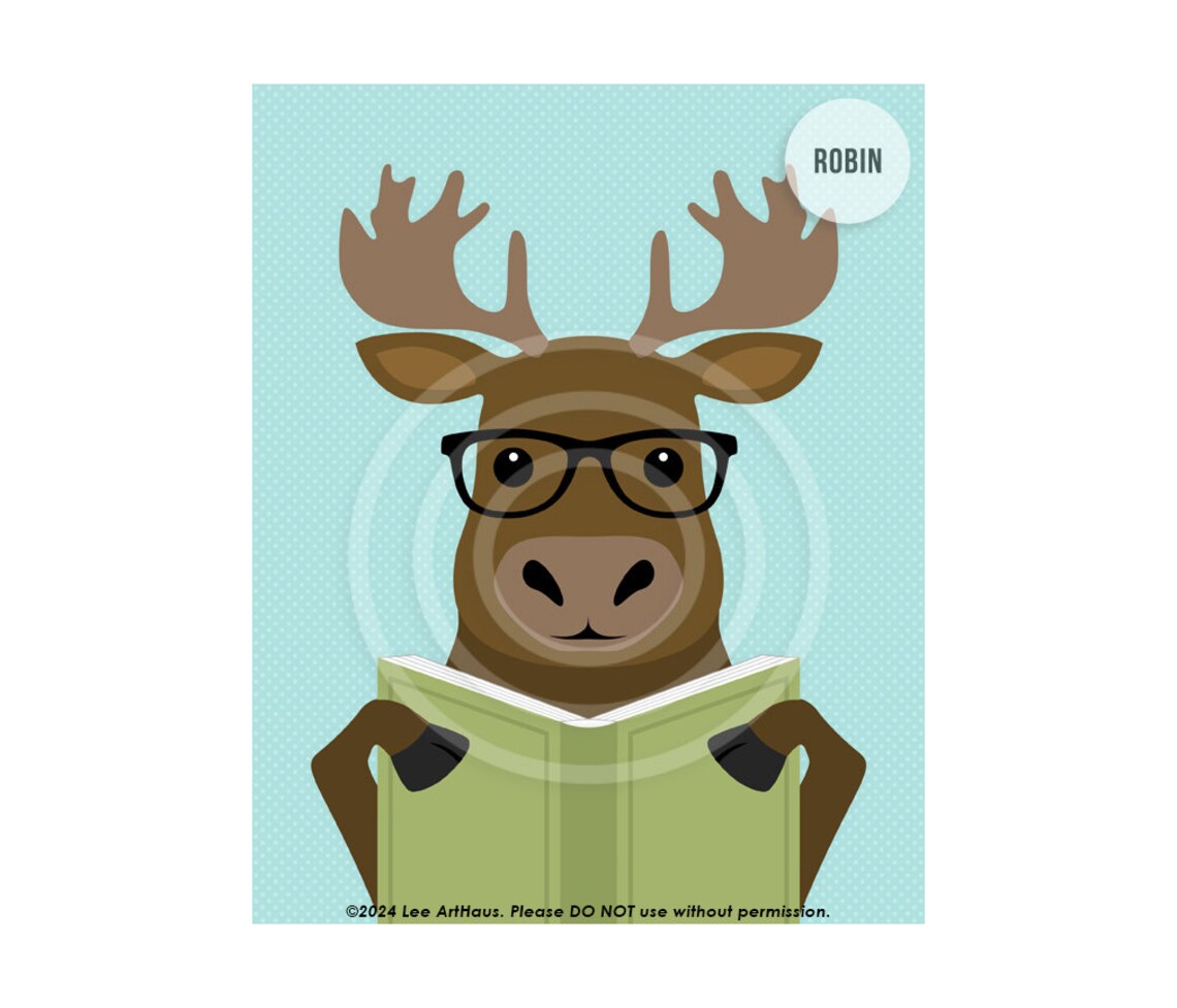 Cute Moose Reading Book With Glasses Aqua Woodland Animal Kids Room Poster