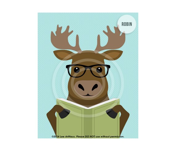 Cute Moose Reading Book With Glasses Aqua Woodland Animal Kids Room Poster