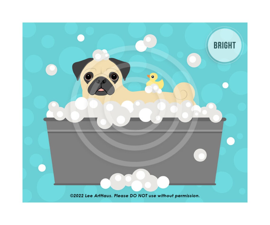 Fawn Pug Bubble Bath Gray Metal Tub Duck Bright Teal Bathroom Poster