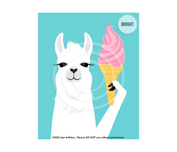 White Llama Holding Pink Ice Cream Cone Funny Animal Wall Art Poster