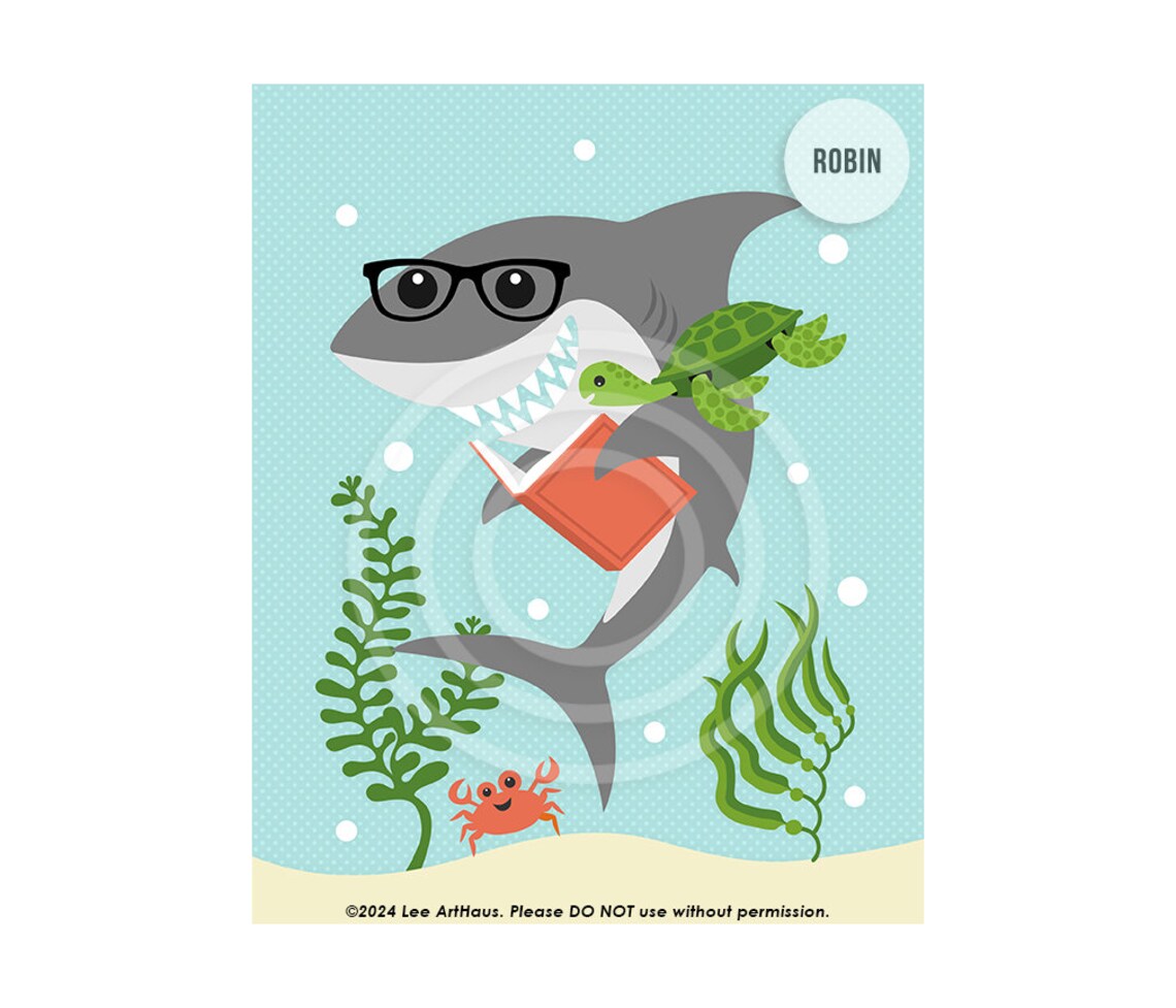 Cute Shark Reading Book With Glasses Green Undersea Scene Kids Library Poster - Image 4
