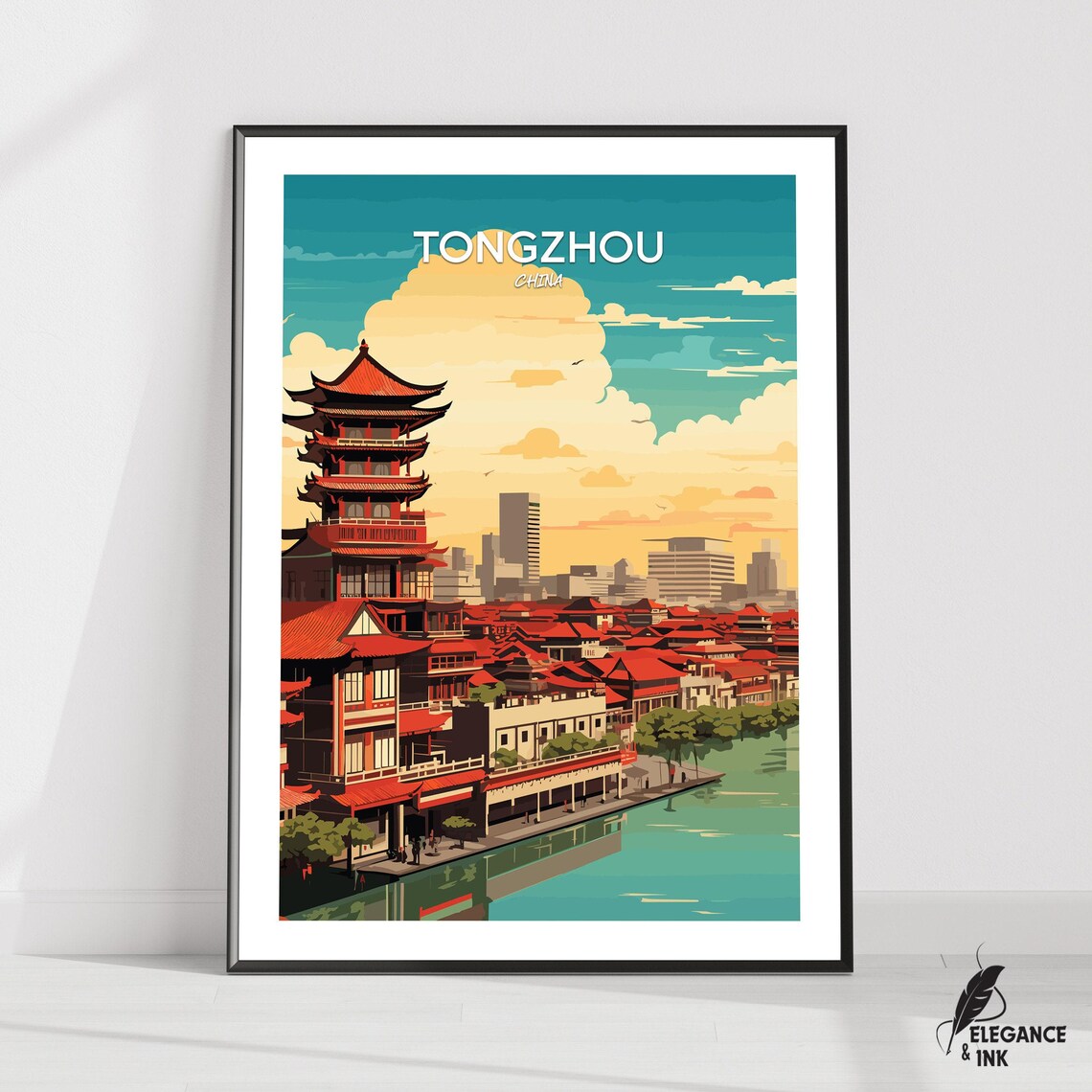 Tongzhou China Pagoda River With Red Roofs Vintage Travel Poster
