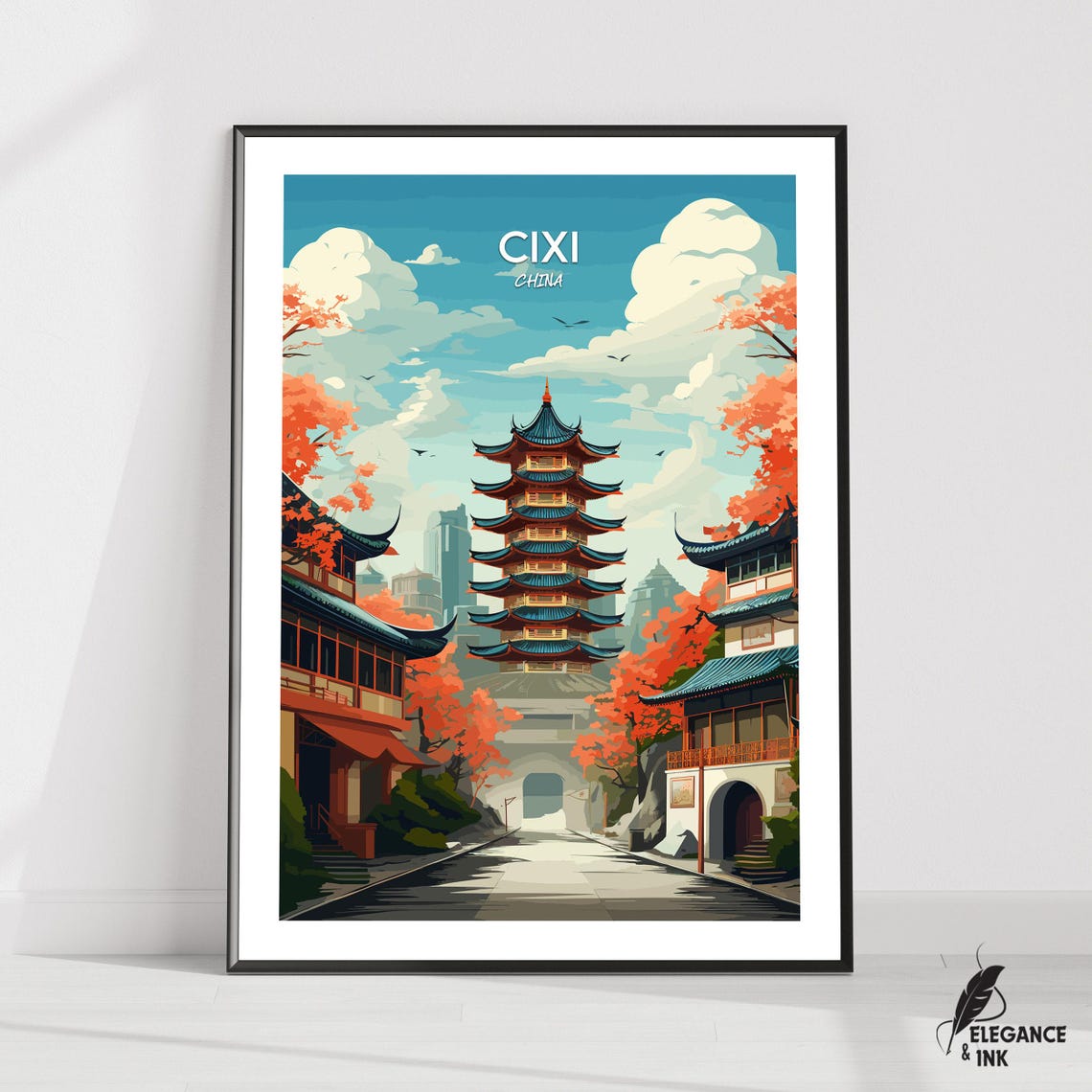 Cixi China Towering Pagoda Autumn Illustration Travel Poster Art