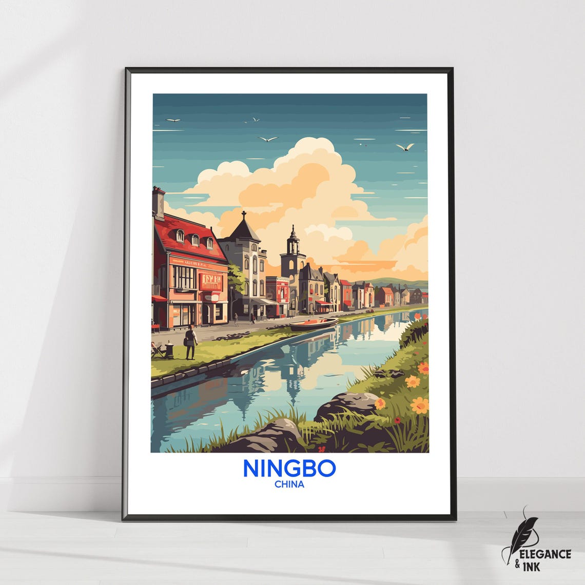 Ningbo China Riverside Old Town at Sunset Vintage Travel Poster