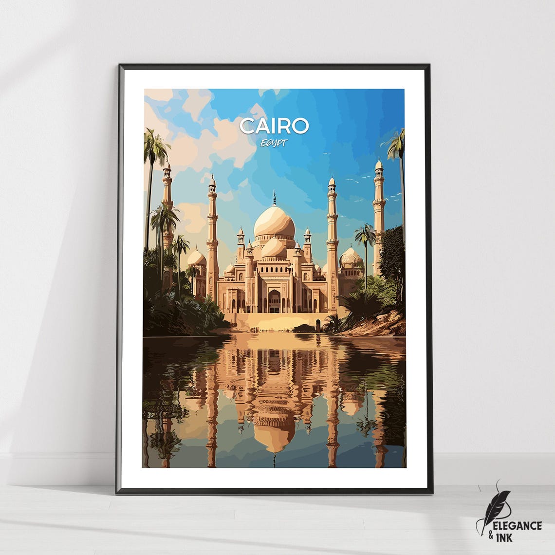 Cairo Egypt Golden Mosque Palms Reflection City Travel Poster