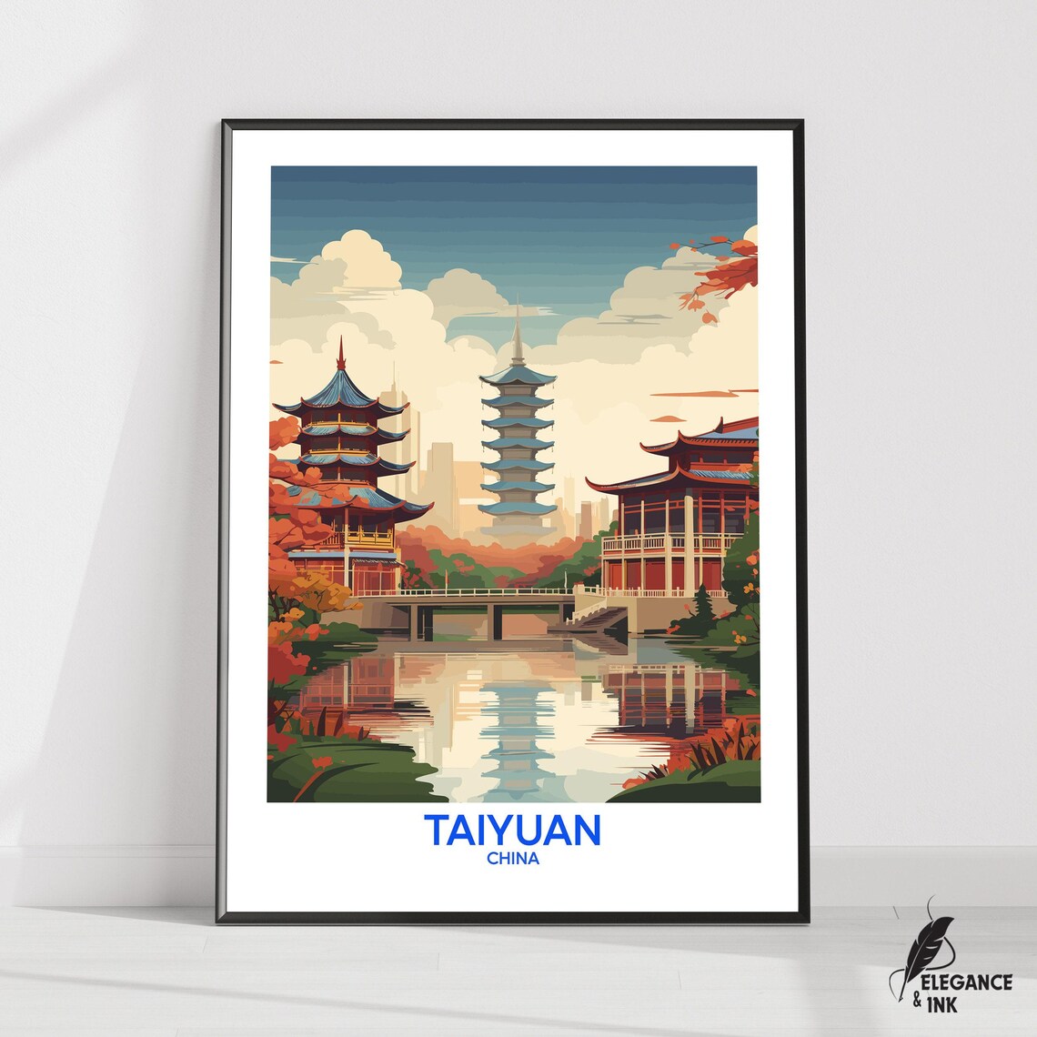 Taiyuan China Pagodas Over Mirror-Calm Lake Autumn Travel Poster