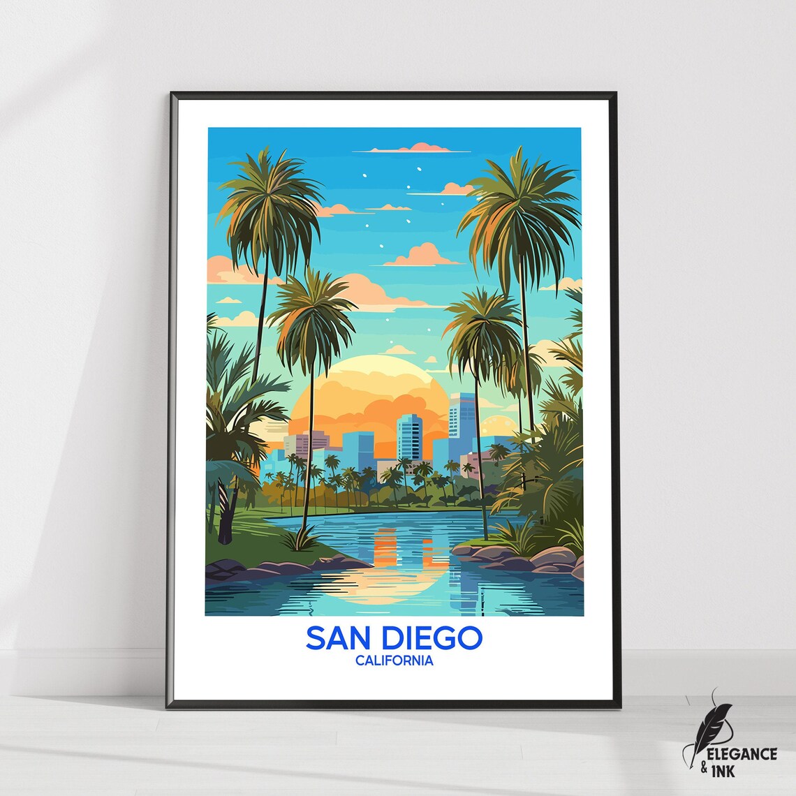 San Diego California Sunset Palms over the Bay Vintage Travel Poster