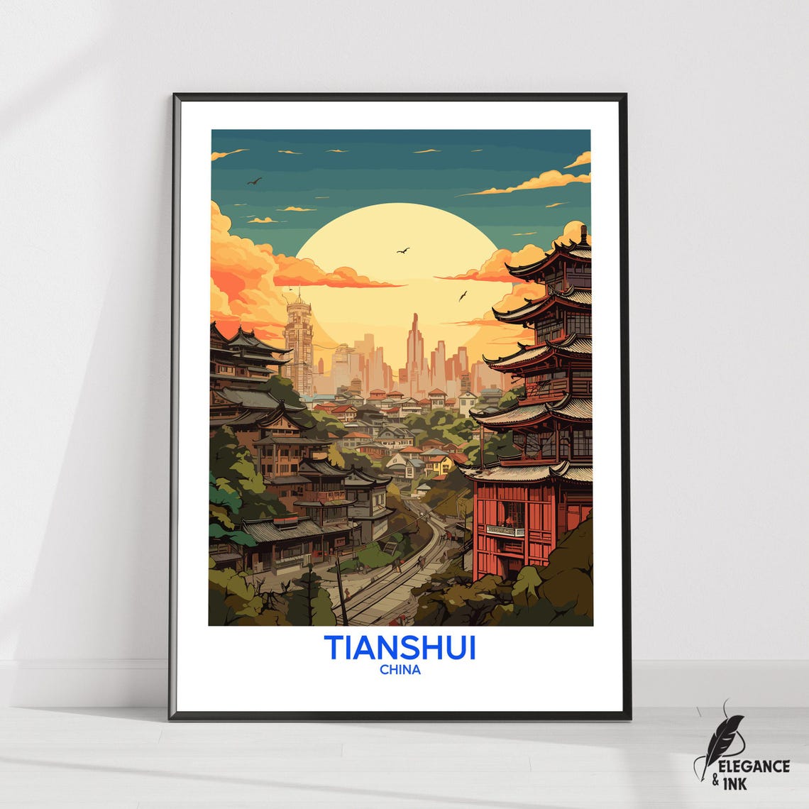 Tianshui China Pagoda Sunset Bottom Title Vintage Travel Poster