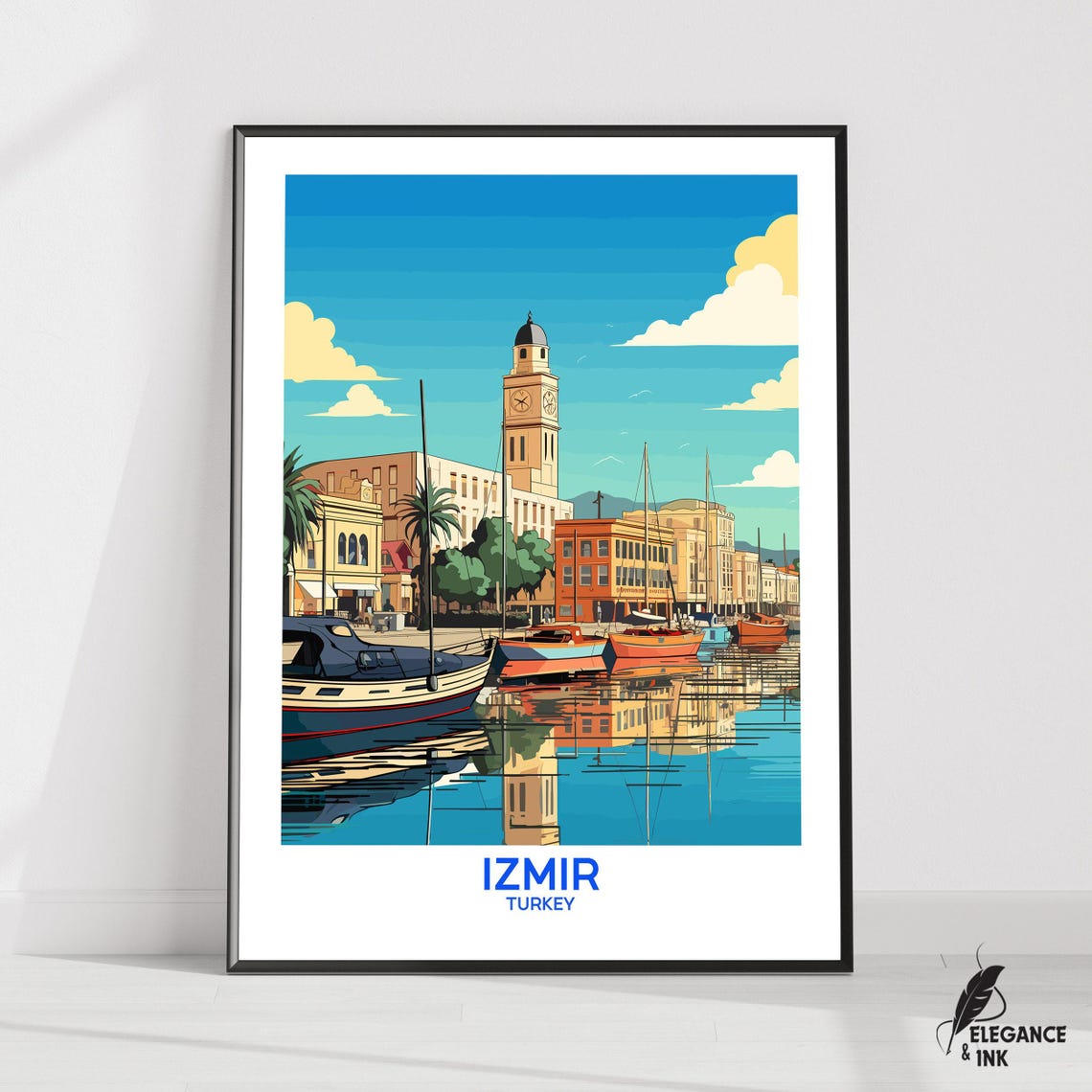 Izmir Turkey Konak Clock Tower Harbor Boats Retro Travel Poster