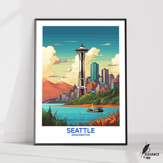 Seattle Washington Space Needle Skyline Bottom Title Travel Poster