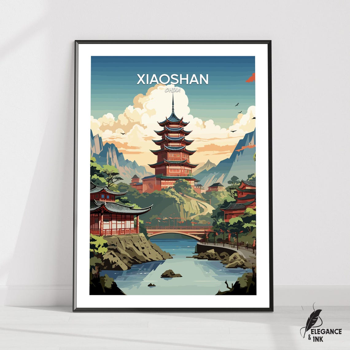 Xiaoshan China Pagoda River Colorful Scenic Travel Art Poster