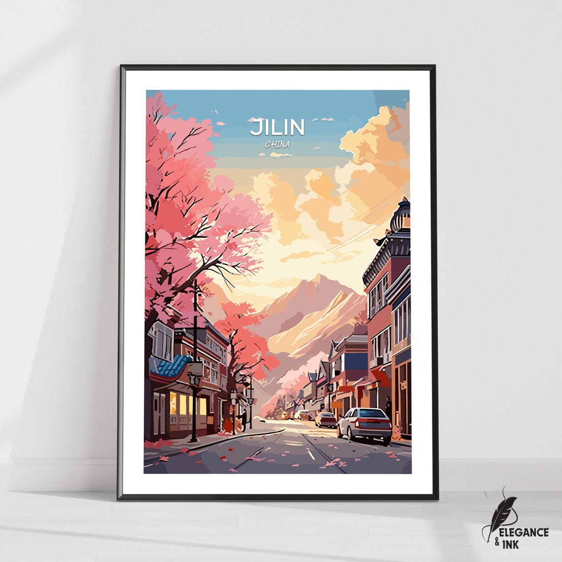 Jilin China Cherry Blossom Street Spring Mountain Town Art Poster