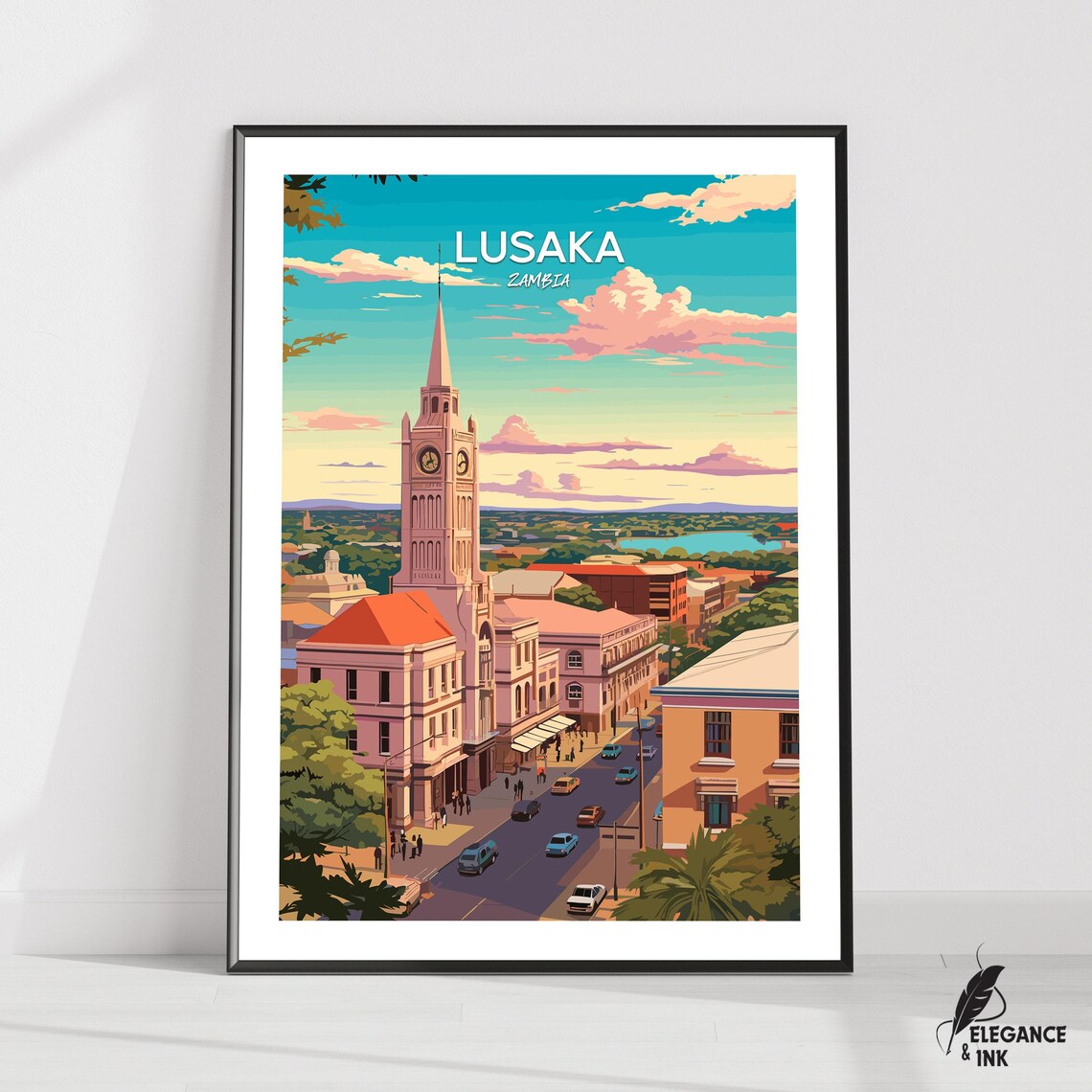 Lusaka Zambia Clock Tower Cityscape Daytime Vintage Travel Poster