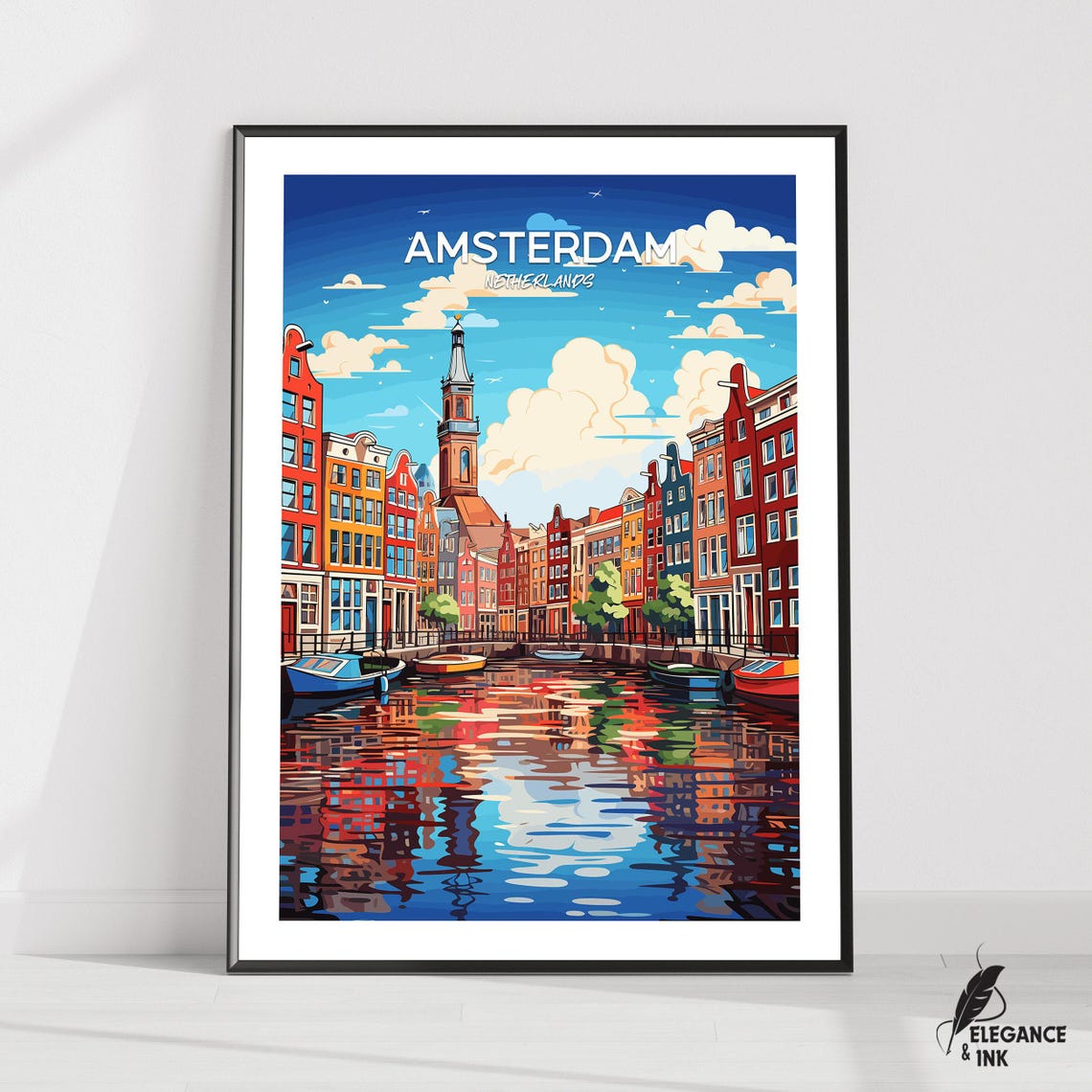 Amsterdam Canal Houses Colorful Illustrated Netherlands Travel Poster