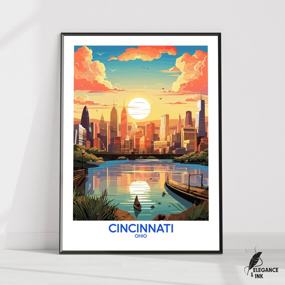 Cincinnati Wall Hanging Postercincinnati Flat Vector Illustration Canvascincinnati Handmade Wooden Frame And Unframed Colorful Vintage