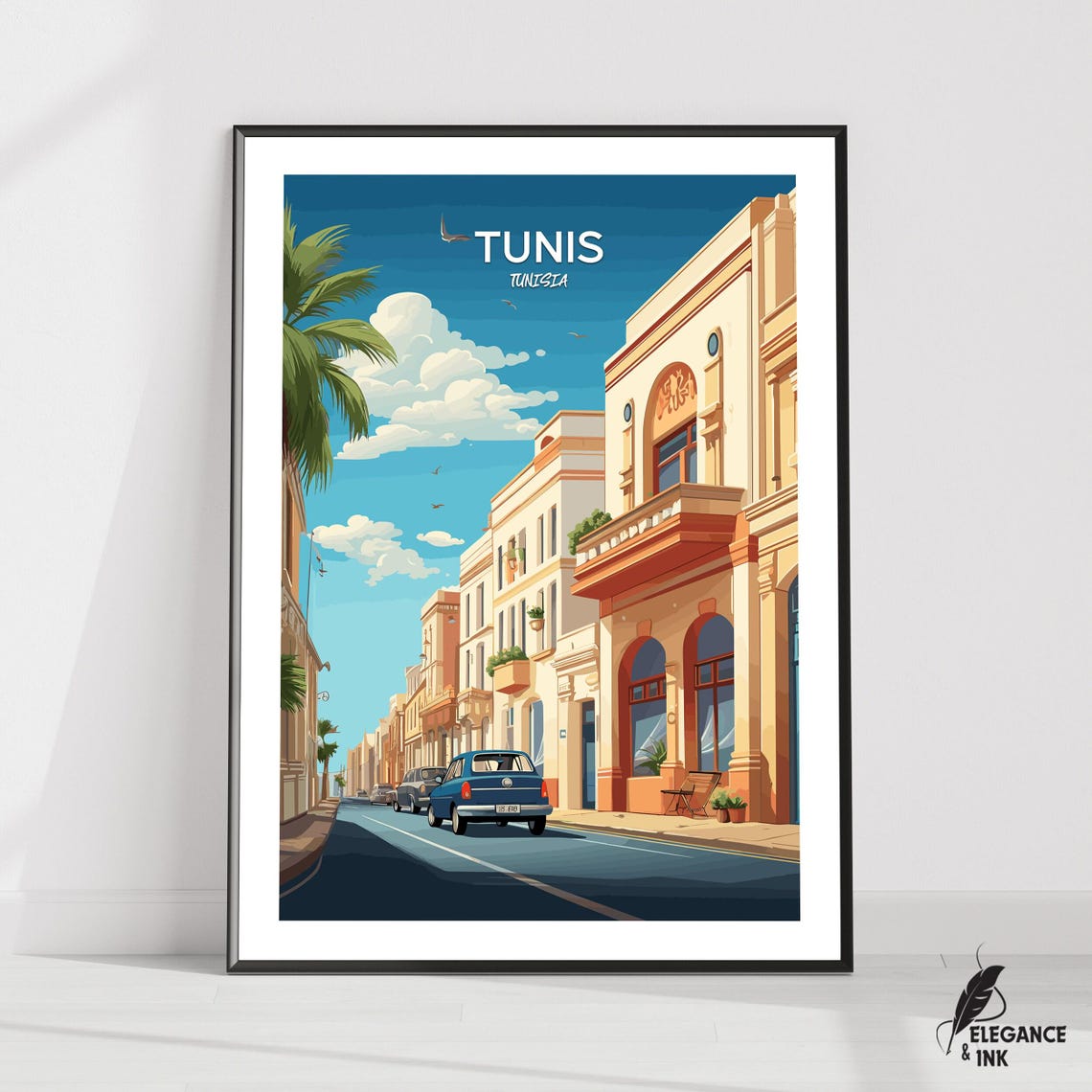Tunis Tunisia Sunlit Old Town Street Vintage Cars Retro Travel Poster
