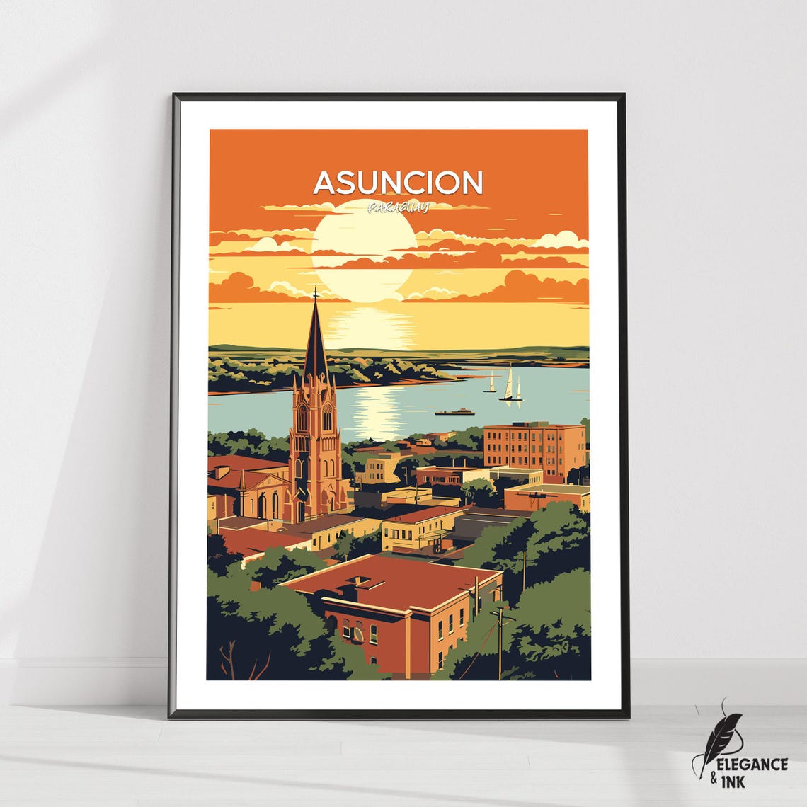 Asuncion Paraguay Cityscape Sunset Top Text Vintage Travel Poster