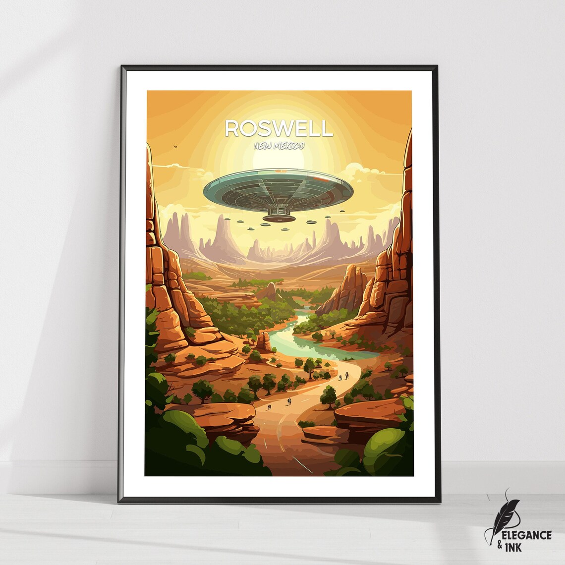 Roswell New Mexico Flying Saucer Sunset Desert Travel Art Poster