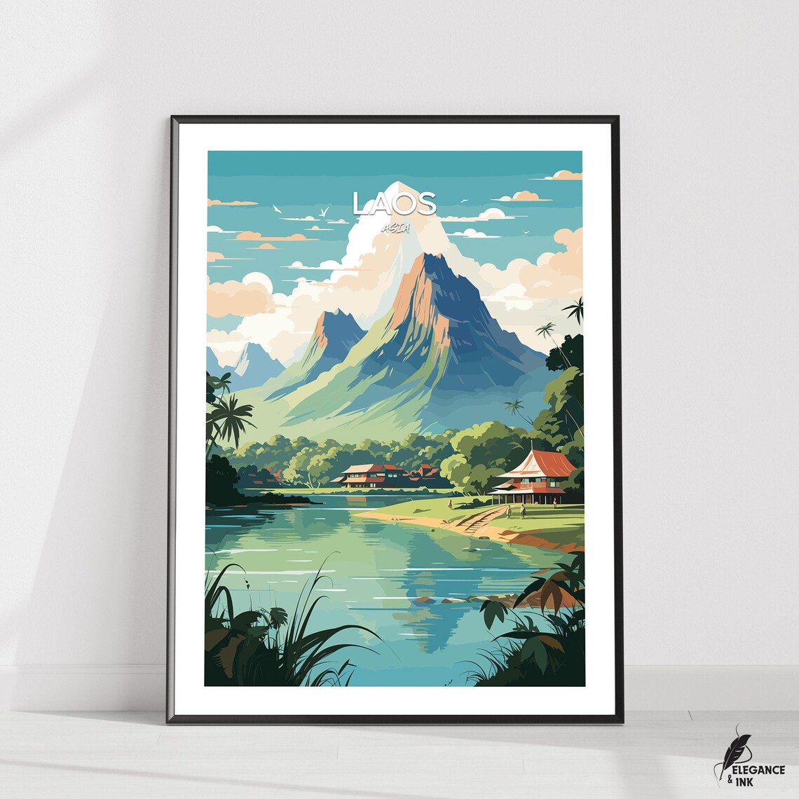 Laos Asia Mountain Peak Vintage Travel Poster Top Text Edition