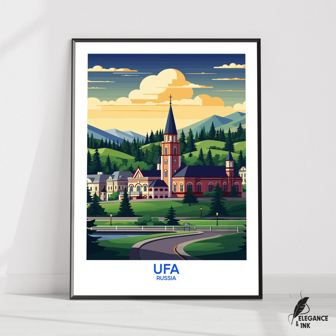 Ufa Russia Cathedral Golden Hour Green Hills Cityscape Poster