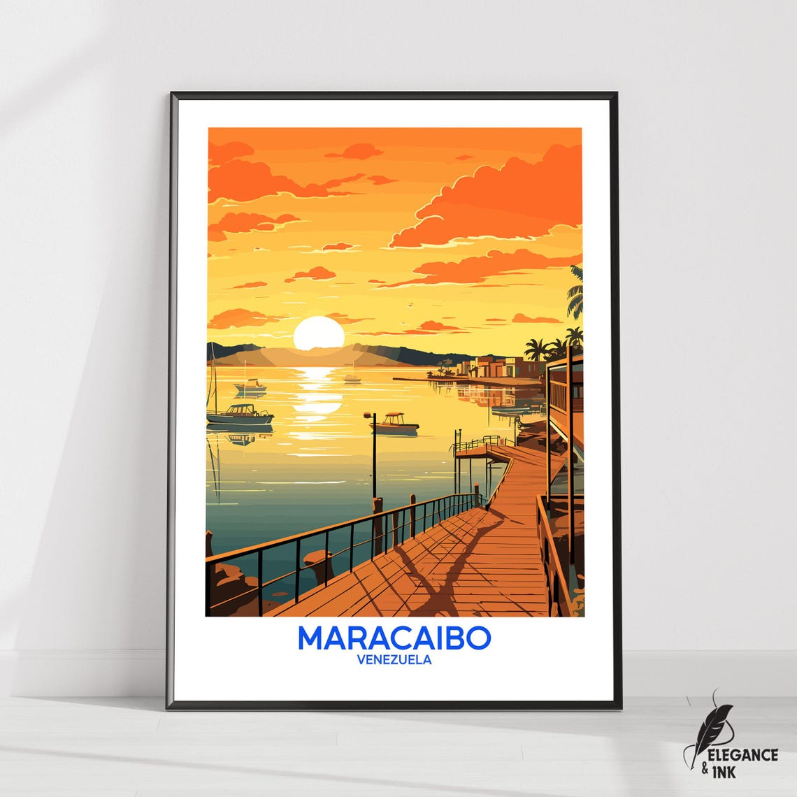 Maracaibo Venezuela Sunset Boardwalk Over Water Retro Travel Poster