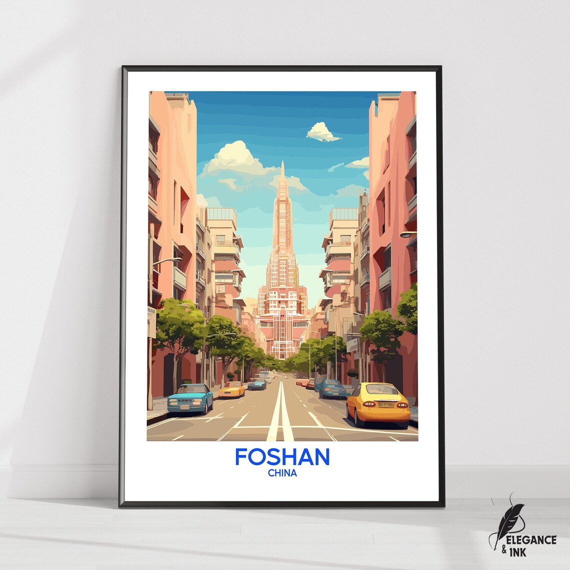 Foshan China Vintage Street Scene with Pagoda Tower Travel Poster
