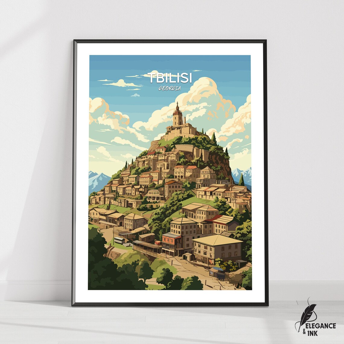Tbilisi Georgia Hilltop Old Town Vintage Travel Illustration Poster