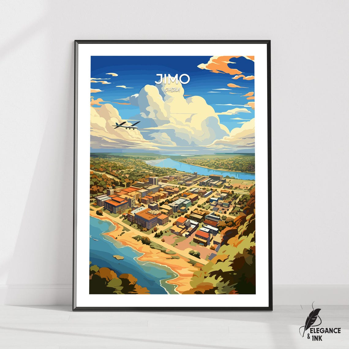 Jimo China Aerial City River Airplane Cloud Vintage Travel Poster