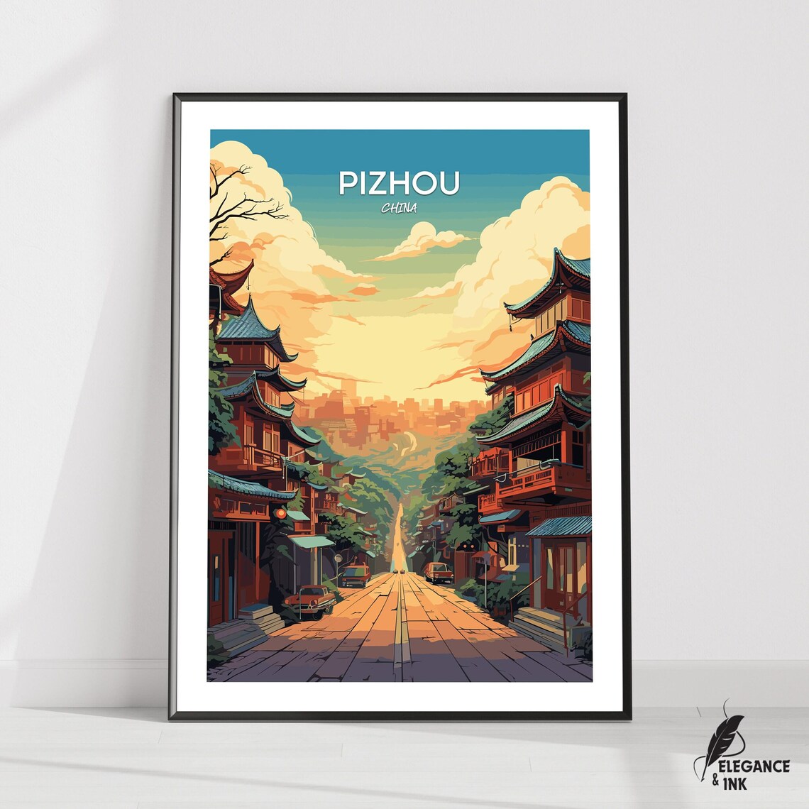 Pizhou China Traditional Pagoda Street Sunset Travel Art Poster